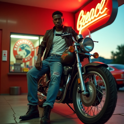 AI-generated photo: Photorealistic 1950s-style greaser portrait in a vintage service-station bay at dusk, leaning agains...