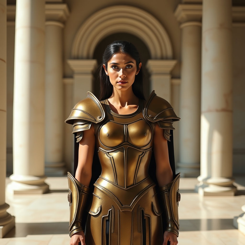 Solo Bronze-Armor Champion Portrait example: Cinematic mythological portrait photo. Editorial hero image of a solo bronze-armored champion centered against a clean m