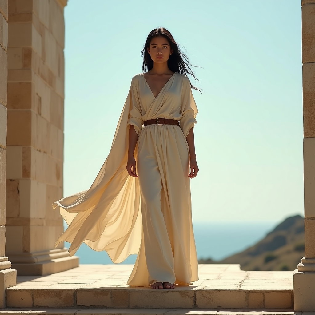 Solo Clean Mythic Portrait Without Costume Clutter example: Cinematic fantasy full-body portrait photography. Full-body clean hero portrait on wide stone steps, the subject standin