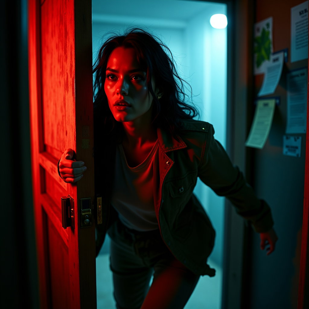 Cabin Doorway Final Stand example: Cinematic horror action photo. Motion-focused portrait of the subject slamming a cabin door shut mid-turn, face sharp an