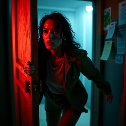 Cabin Doorway Final Stand example: Cinematic horror action photo. Motion-focused portrait of the subject slamming a cabin door shut mid-turn, face sharp an