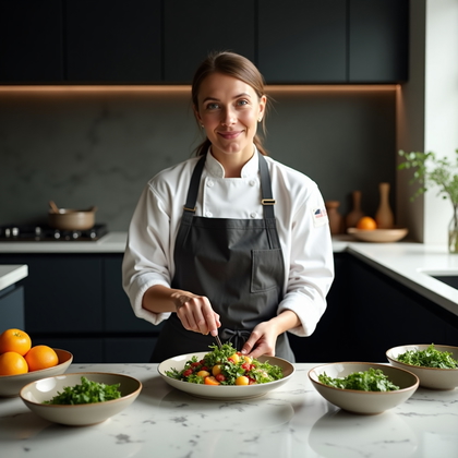 Photorealistic lifestyle photograph in a minimalist chef’s kitchen with matte black cabinetry, a veined marble island, and bowls of fresh herbs and citrus; the subject stands three-quarters to camera, plating a vibrant salad with deliberate, graceful motions and an inviting, confident gaze that keeps the face cleanly visible. Soft north light spills through a tall window, creating gentle specular highlights on ceramic and steel while preserving rich, natural color in produce and subtle shadow gradients across the scene.