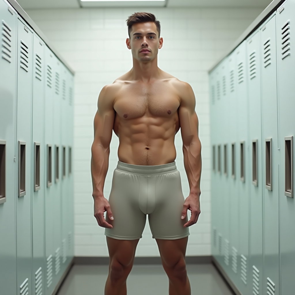 AI-generated photo: Photorealistic fashion fitness photography of a minimalist locker room scene with a clean white tile...