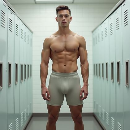 AI-generated photo: Photorealistic fashion fitness photography of a minimalist locker room scene with a clean white tile...