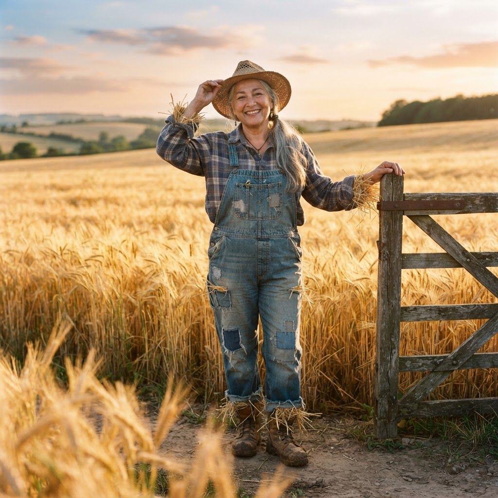 Patchwork Scarecrow in a Golden Field: Full-body portrait in a golden field beside an old wooden farm gate.