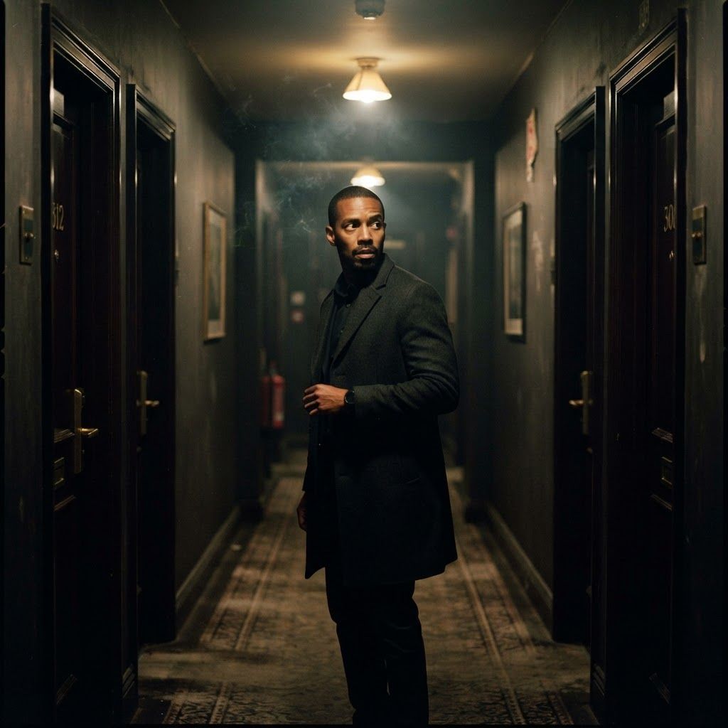 Hotel Corridor Tension: Cinematic personal photo in a long vintage hotel corridor, one visible person paused at the center of the vanishing point in a fitted dark…