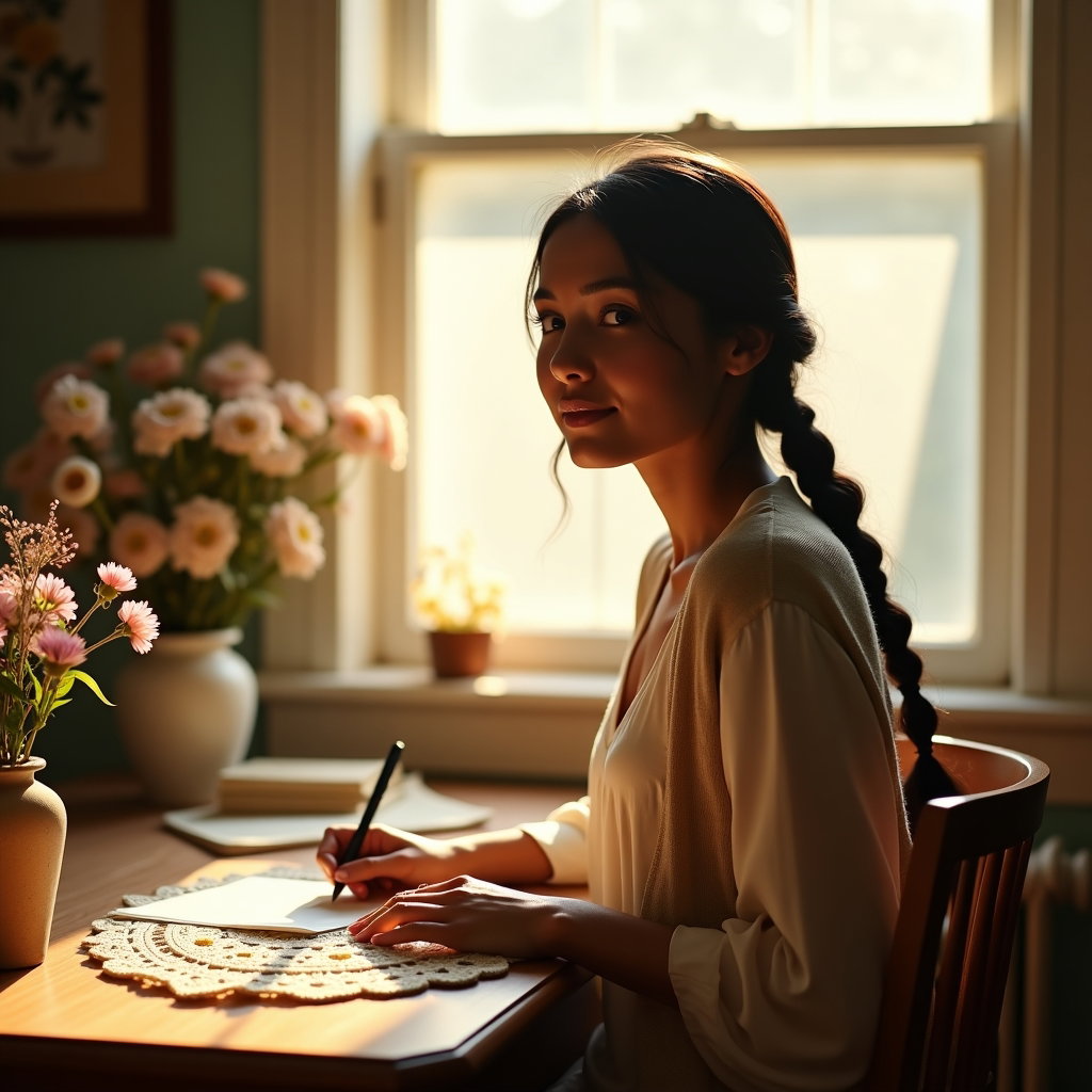 Lumière de fenêtre dans un cottage : portrait intérieur paisible d’une seule personne visible assise à un petit bureau d’écriture juste sous une fenêtre de cottage, légèrement tournée vers le…
