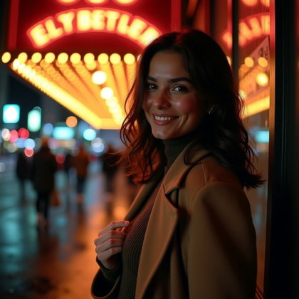 Dating profile photo, a cinematic close-up under a glowing vintage theater marquee at night, with the person turned three-quarters toward the viewer, one hand adjusting a coat lapel, and a confident knowing smile. Style with a tailored coat over a refined knit, warm amber bulbs mixed with cool city neon, soft rain-sheened pavement in the background, crisp focus on the face, and a polished romantic color palette.