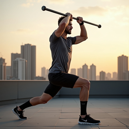 AI-generated photo: Photorealistic fitness photography of a deep lunge on a rooftop training deck at golden hour, skylin...