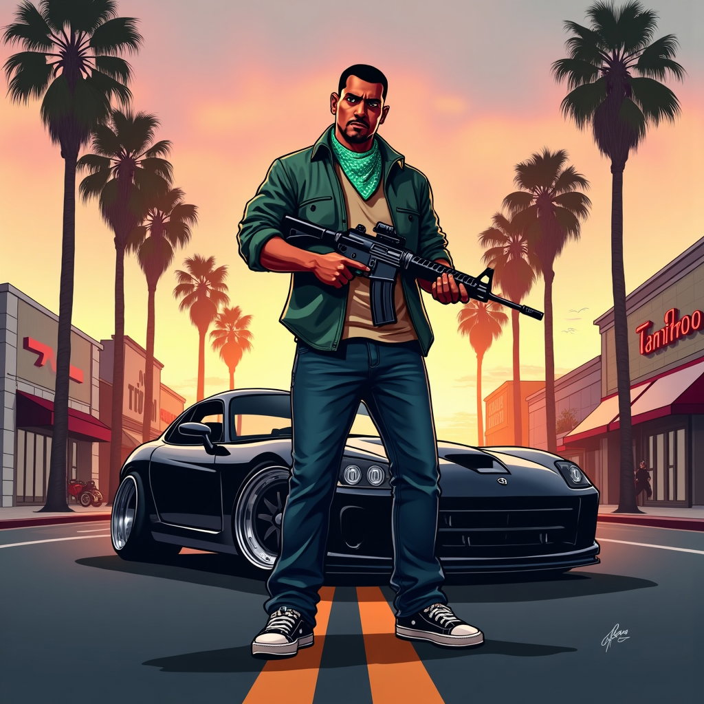 AI-generated photo: Overview - A stylized, poster-like illustration of an adult person standing in the middle of a palm-...