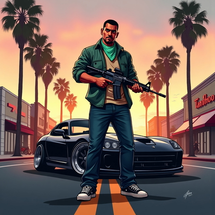 AI-generated photo: Overview - A stylized, poster-like illustration of an adult person standing in the middle of a palm-...