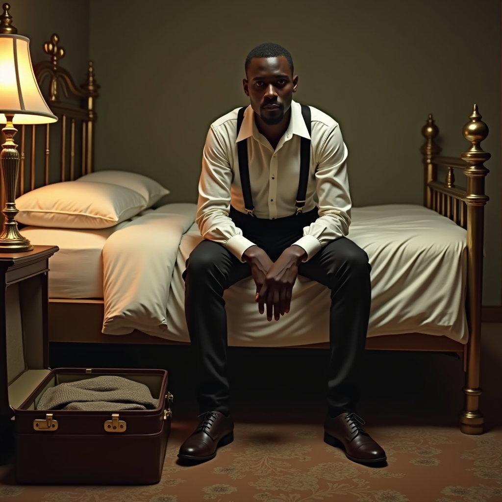 Old Hotel Room: Full-body portrait in an old hotel room with a brass bed and worn patterned carpet; the subject sits on the edge of the bed in a rumpled…
