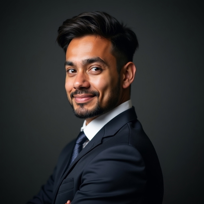 Professional headshot photograph. Close-up corporate portrait with the subject turned slightly away and looking back toward the viewer, face clearly visible, expression composed and confident. Use a charcoal textured studio backdrop, tailored business attire, soft directional lighting, subtle rim light, clean vertical composition, and a refined neutral color palette.