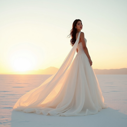 AI-generated photo: Photorealistic high-end bridal editorial photography; full-length portrait on vast white salt flats ...