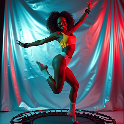 AI-generated photo: Analog 35mm studio fitness photograph of a solo aerobics icon launching into a crisp jump above a re...