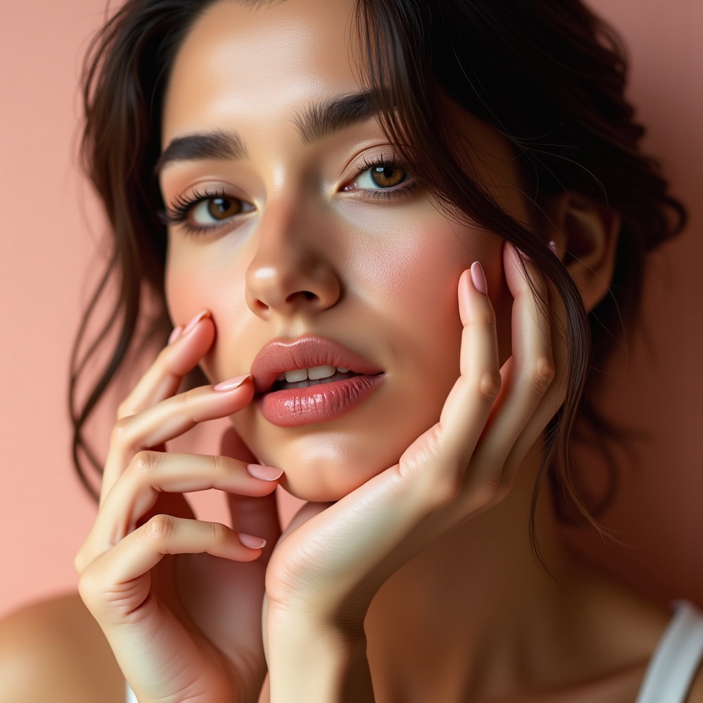 AI-generated photo: Photorealistic close-up beauty portrait photography, shot in a modern studio with a luxurious, softl...
