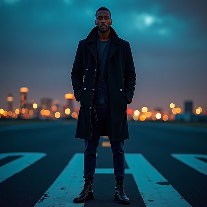 Photorealistic dating profile photo: dramatic rooftop helipad at night with crisp aviation markings and soft hazard lights, the city grid glittering far below while a cool urban breeze adds motion to layered wardrobe pieces; the subject stands tall on the "H", shoulders back, chin up, and a confident, magnetic gaze to camera for a bold, cinematic look. A cool-blue rim from the perimeter lights sculpts the outline, with a gentle frontal key to preserve flattering facial clarity and catchlights. Leading lines from the runway stripes draw straight to the face, and the skyline is rendered as creamy, colorful orbs to keep attention on the subject. Styling is sleek and modern—think tailored outerwear and minimal accessories—communicating power, presence, and late-night allure.