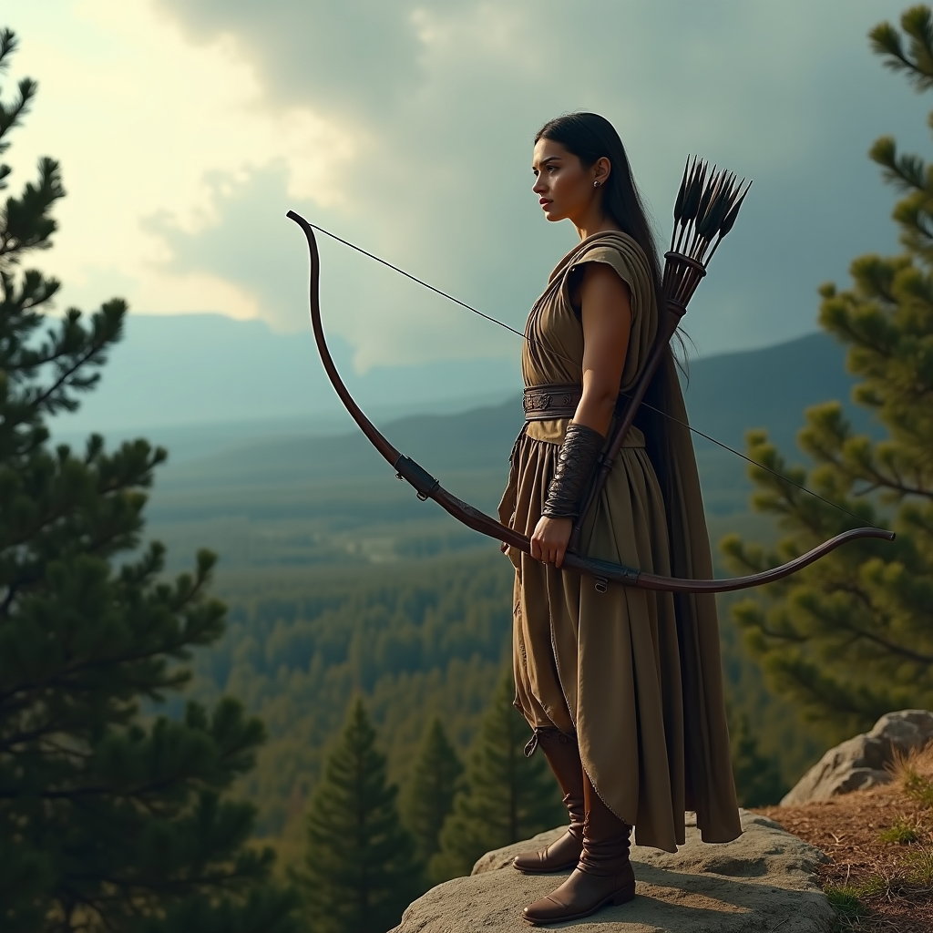 Solo Atalanta Huntress Action Portrait example: Cinematic Greek myth portrait photography. Environmental portrait of a solo Atalanta-inspired archer standing on a rocky