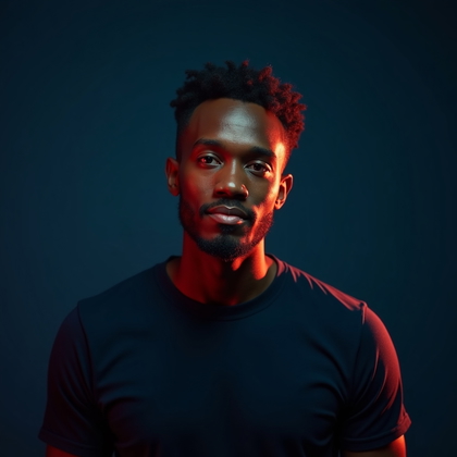 AI-generated photo: Photorealistic studio portrait. The subject is captured from chest up, posed in a relaxed but confid...