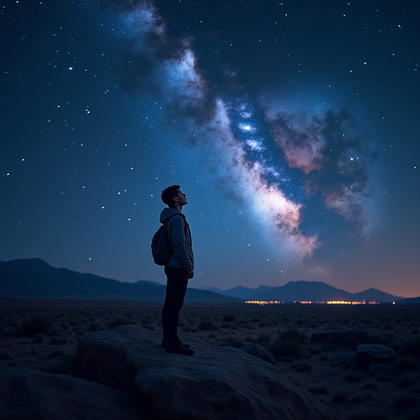 AI-generated photo: Photorealistic night-sky adventure photograph of a lone figure standing on a rocky desert hill, body...