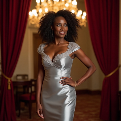 AI-generated photo: Classy and Elegant Evening Wear photo capturing a woman in a luxurious silver satin cocktail dress w...