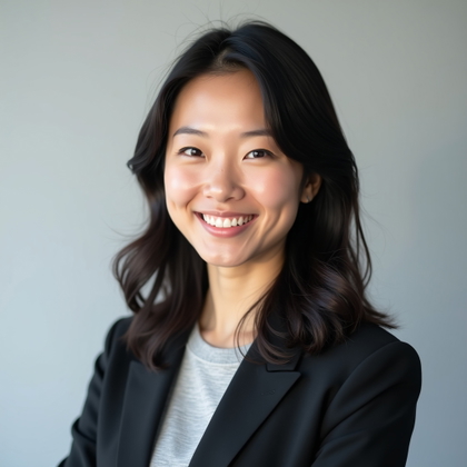 Professional headshot photography. Tight shoulders-up LinkedIn crop with the subject facing the viewer directly, wearing a tailored blazer over a crisp business top, with a calm confident smile and relaxed posture. Clean light-gray studio background, soft even lighting, subtle shadow definition, polished corporate color palette, face sharp and clearly visible.