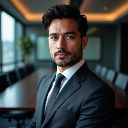 AI-generated photo: Professional headshot, decisive executive seriousness with chin slightly lowered and eyes locked in,...