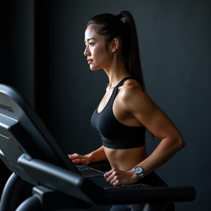 AI-generated photo: Photorealistic fitness photography — dramatic studio gym with a matte-black treadmill and a light ha...