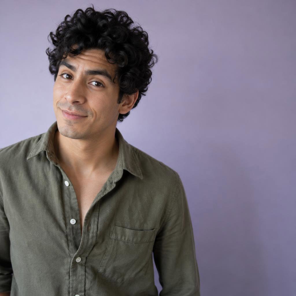 Quirky Comedy Casting Look: Photographic acting headshot with generous negative space on one side of a plain lavender wall.
