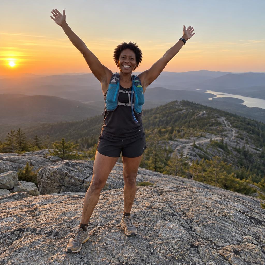 Reaching A Fitness Summit: Wide, full-length personal photo at sunrise on a broad granite trail summit.