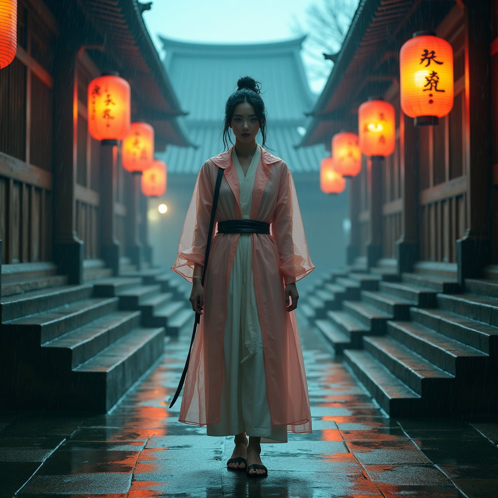 Pastel Idol by Day, Hunter by Night Portrait example: Cinematic fantasy character photo. Full-body portrait in a rain-slick temple courtyard, face clearly shown, standing on