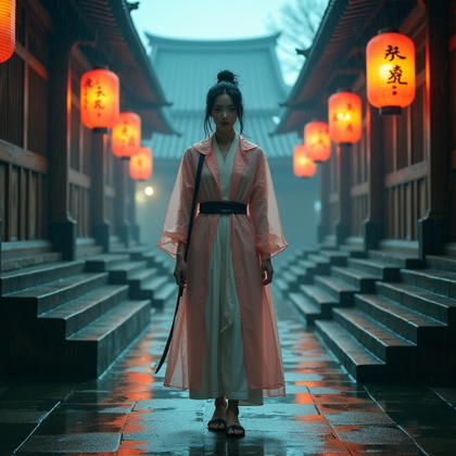 Pastel Idol by Day, Hunter by Night Portrait example: Cinematic fantasy character photo. Full-body portrait in a rain-slick temple courtyard, face clearly shown, standing on