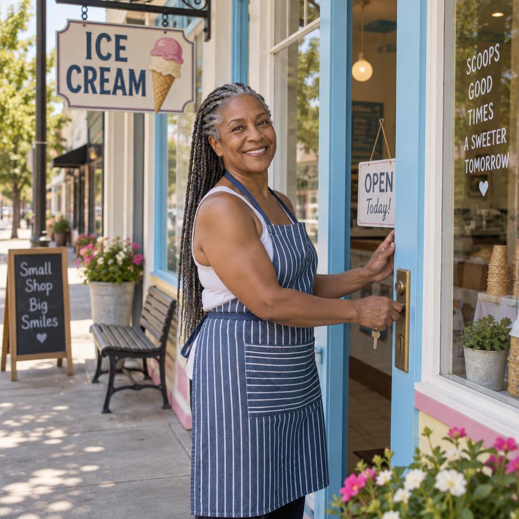 Launching An Independent Business: A wider eye-level portrait of a tiny ice cream shop opening for the first time on a sunny summer afternoon.