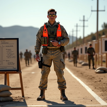 AI-generated photo: Photorealistic military leadership photography. The scene is set on a sprawling open range with mult...