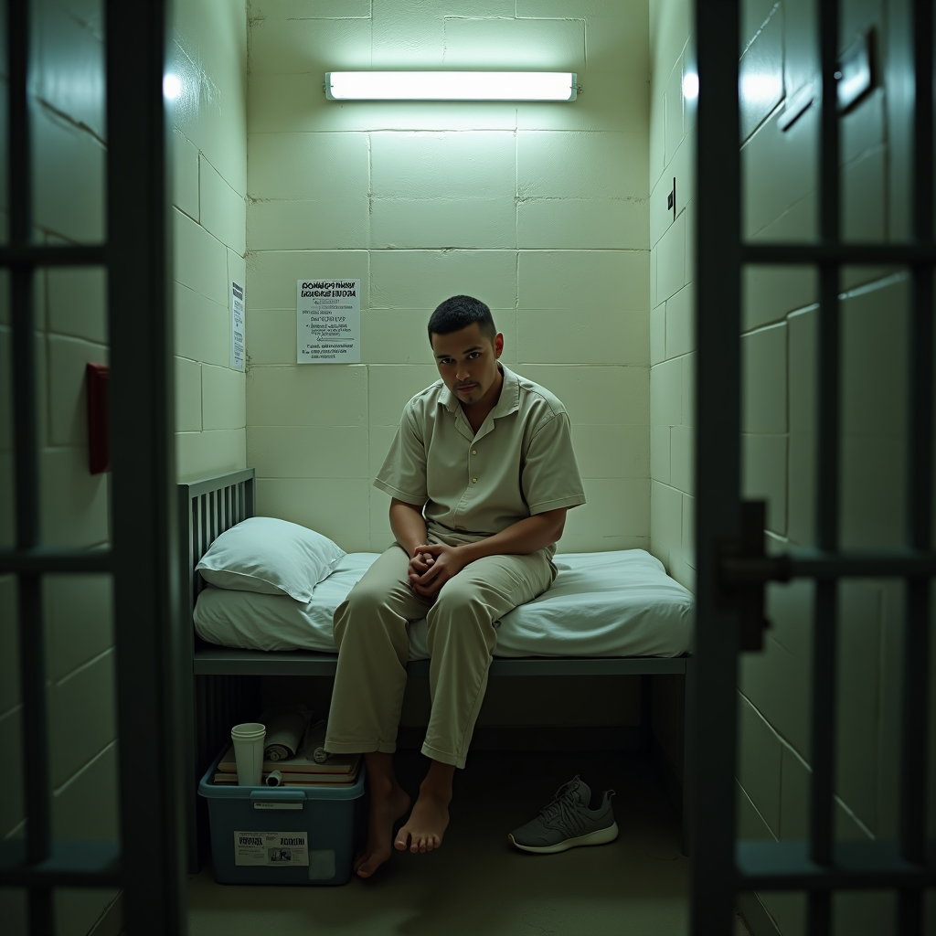 AI-generated photo: Photorealistic prison portrait photography, person sitting diagonally on the lower bunk near the bac...