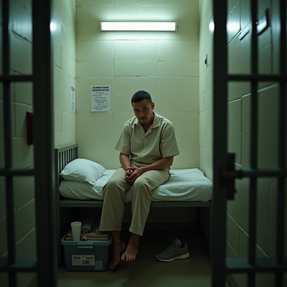AI-generated photo: Photorealistic prison portrait photography, person sitting diagonally on the lower bunk near the bac...
