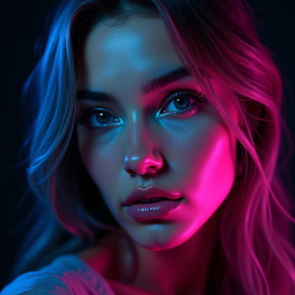 AI-generated photo: Photorealistic studio portrait photography. Close-up gaming avatar headshot with dramatic neon magen...