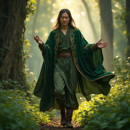 AI-generated photo: Cosplay dynamic action photo of a mythical forest guardian, blending seamlessly with the verdant sur...