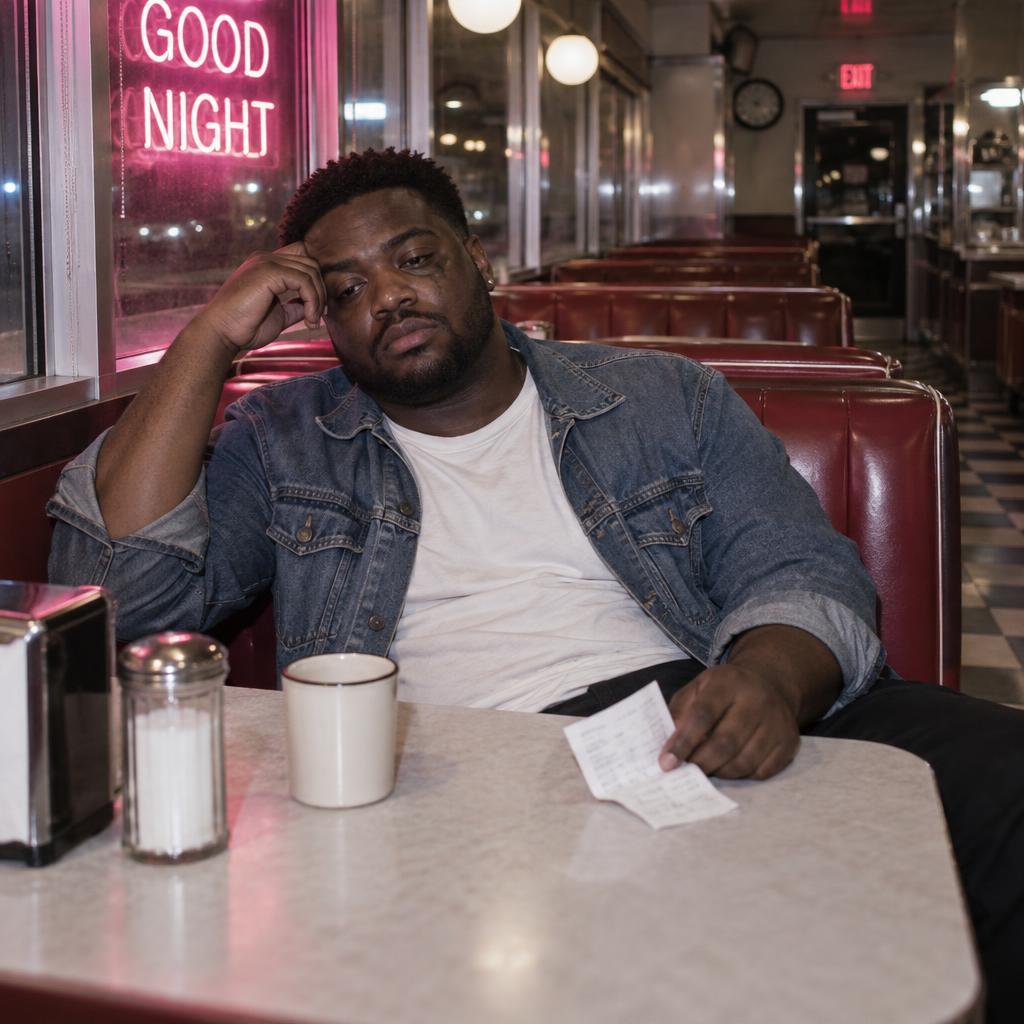 Diner Booth Afterparty: Wide diner-aisle view of one person sunk low in a red-vinyl booth under a pink neon sign, denim jacket hanging open over a plain tee.