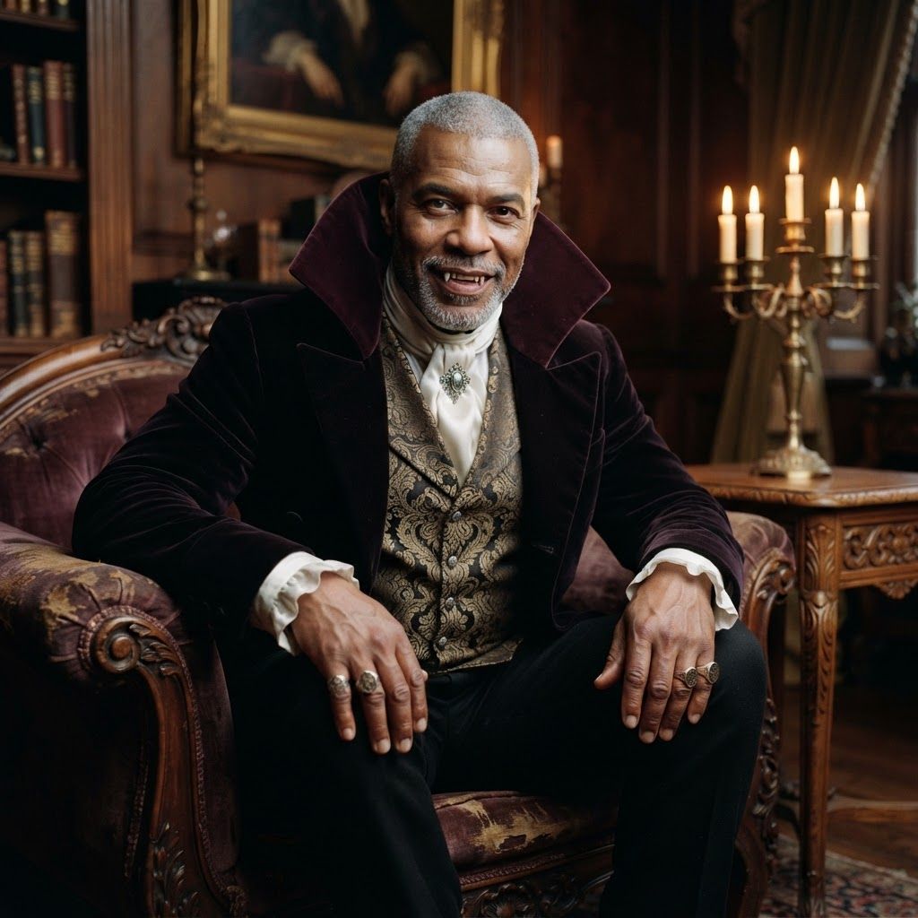 Velvet-Collar Vampire Portrait: Seated half-length vampire portrait on an antique velvet chaise.
