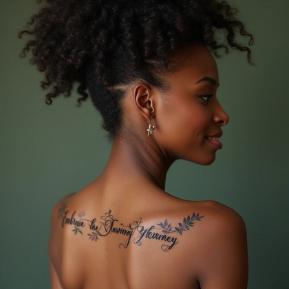 AI-generated photo: Photorealistic photography of a woman with an elegant script tattoo running along her spine, reading...