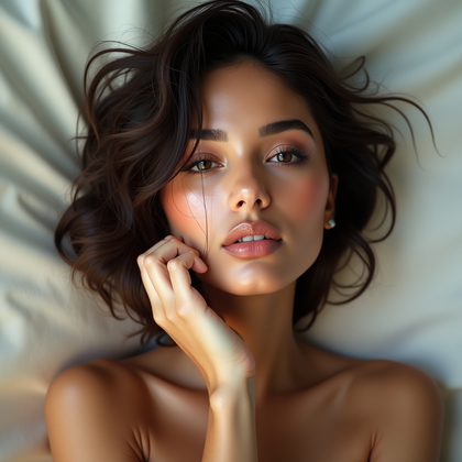 AI-generated photo: Photorealistic studio beauty portrait photography, intimate close-up that crops just below the shoul...