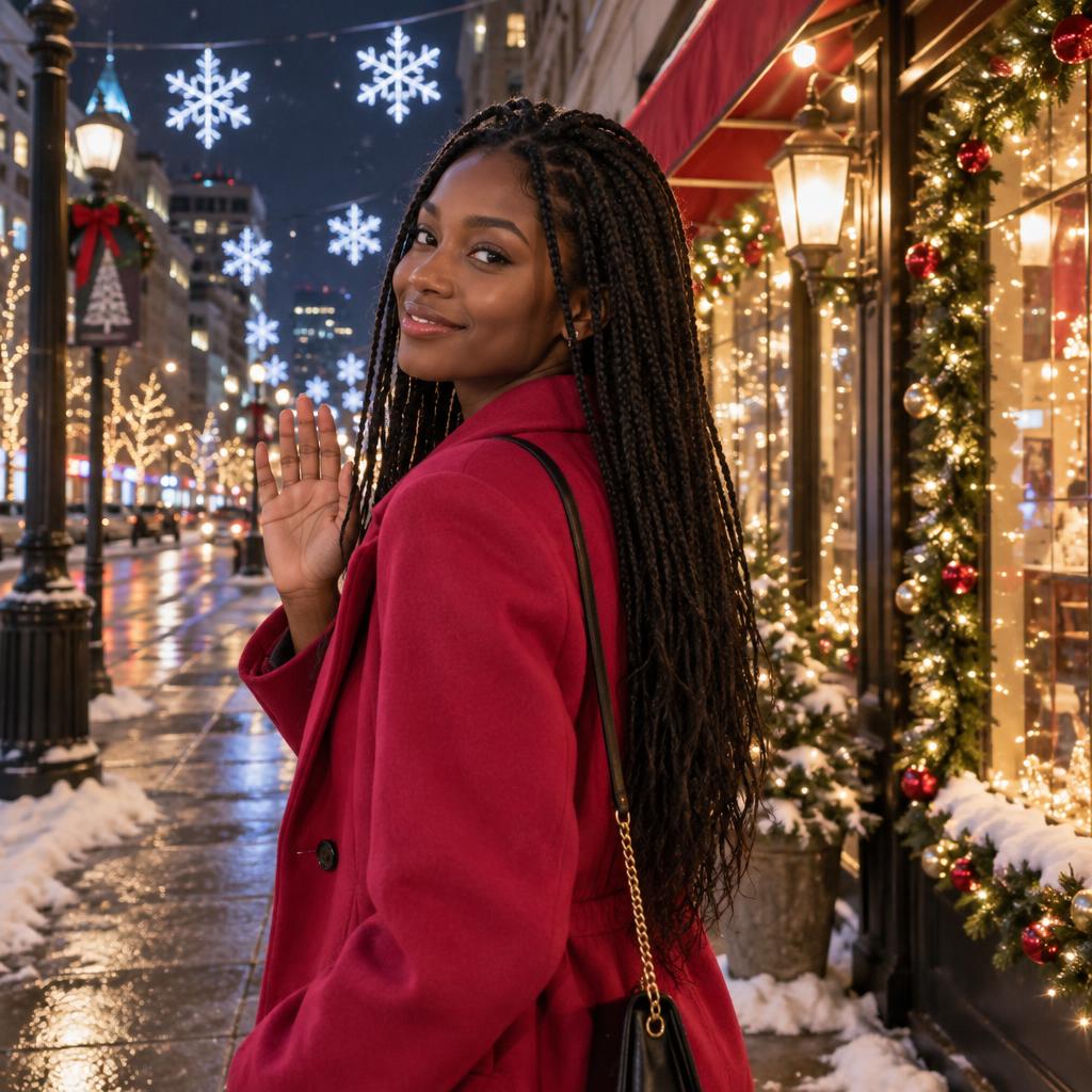 Holiday Lights in the City: An exuberant waist-up city-night Christmas card portrait at a decorated street corner.