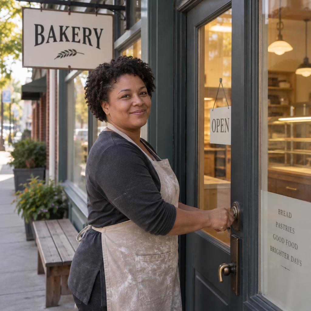 Launching An Independent Business: Eye-level three-quarter portrait outside a tiny neighborhood bakery on opening morning.