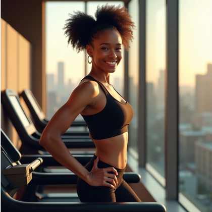 AI-generated photo: Photorealistic gym portrait — standing on a treadmill paused mid-cooldown beside floor-to-ceiling wi...