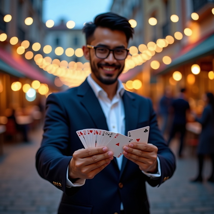 AI-generated photo: Photorealistic lifestyle photography of a street magician executing a dramatic card spring in a cobb...