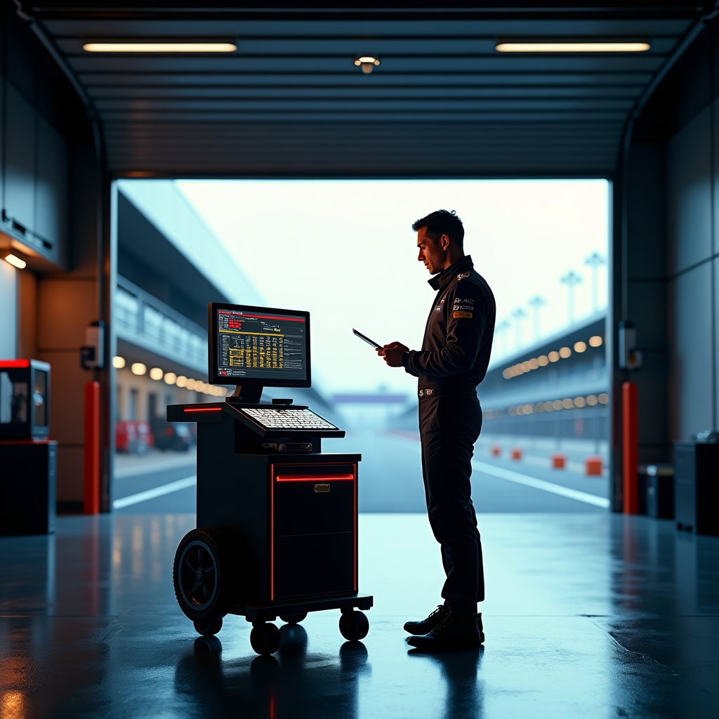 Garage Doorway Racing Suit Portrait example: Photorealistic environmental paddock portrait photography. Environmental portrait inside the garage doorway with the sub