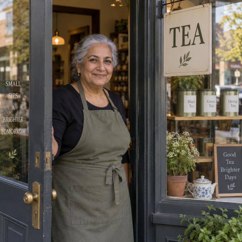 Launching An Independent Business: An intimate, eye-level portrait outside a small neighborhood tea shop on opening day.
