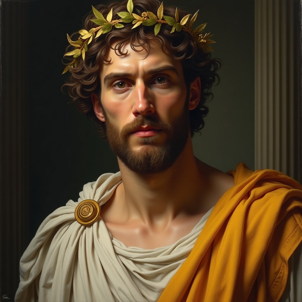 Solo Oracle-Blessed Hero Portrait example: Neoclassical mythological oil painting. Close-up oracle-blessed hero portrait with the face clearly visible, gazing forw