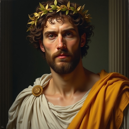 Solo Oracle-Blessed Hero Portrait example: Neoclassical mythological oil painting. Close-up oracle-blessed hero portrait with the face clearly visible, gazing forw